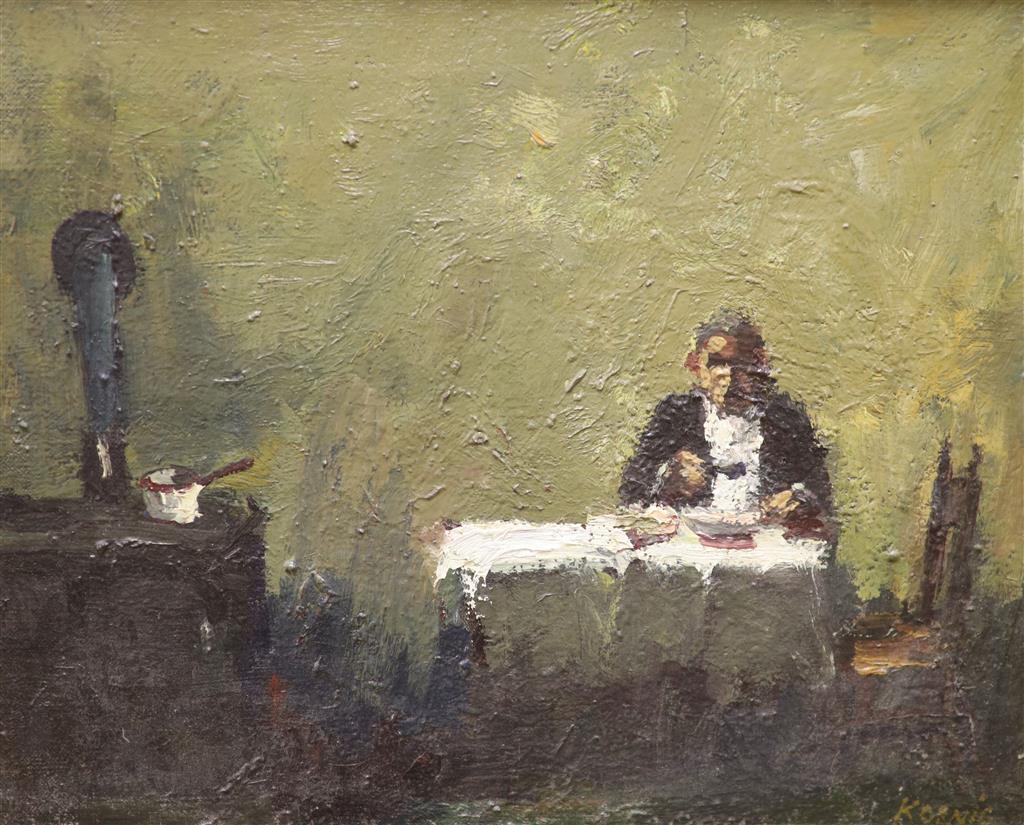 Joseph Koenig, oil on canvas, Kitchen interior with diner seated at a table, signed, 31 x 39cm